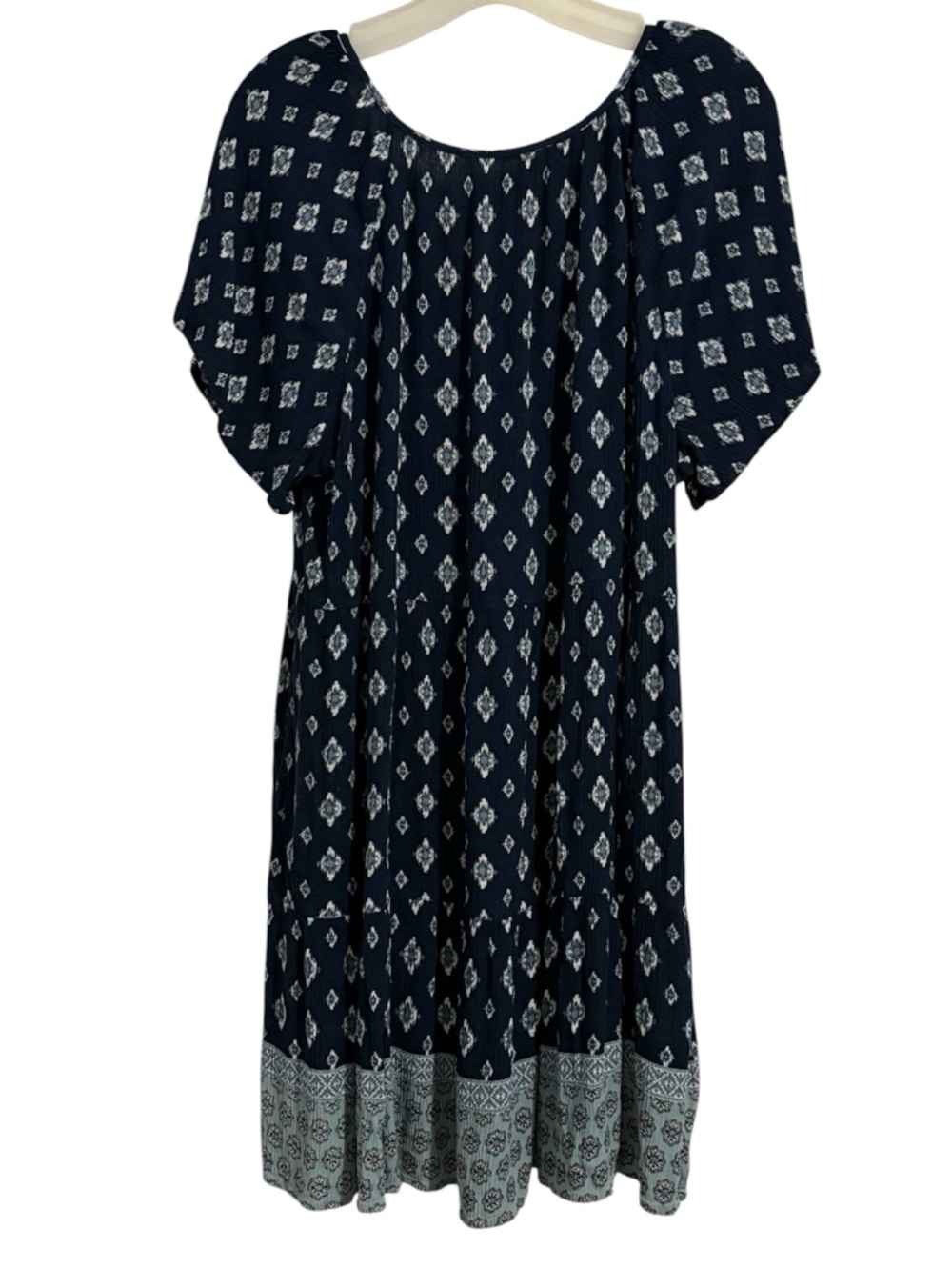 100% Rayon Navy Diamond Print Boho Dress with Contrast Hem - Picture 3 of 5
